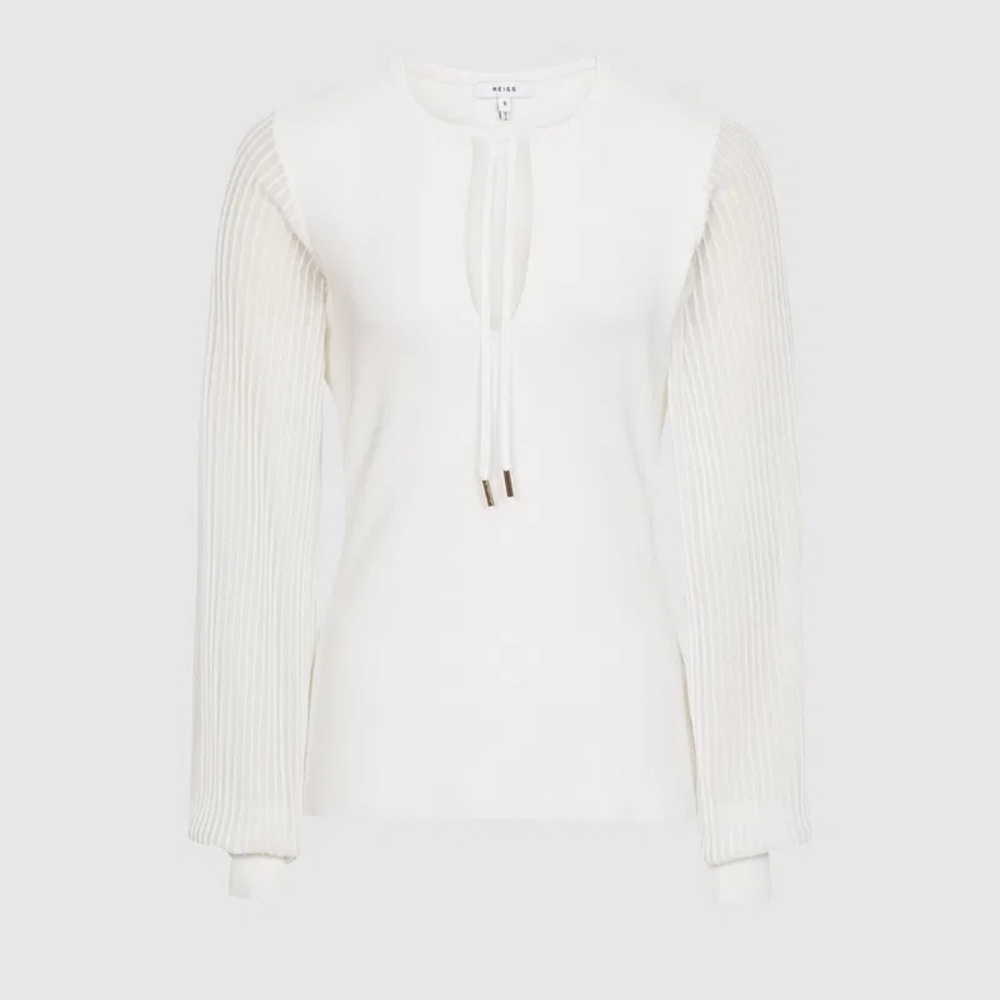 Reiss Sloane Semi Sheer Sleeve White Knit Top